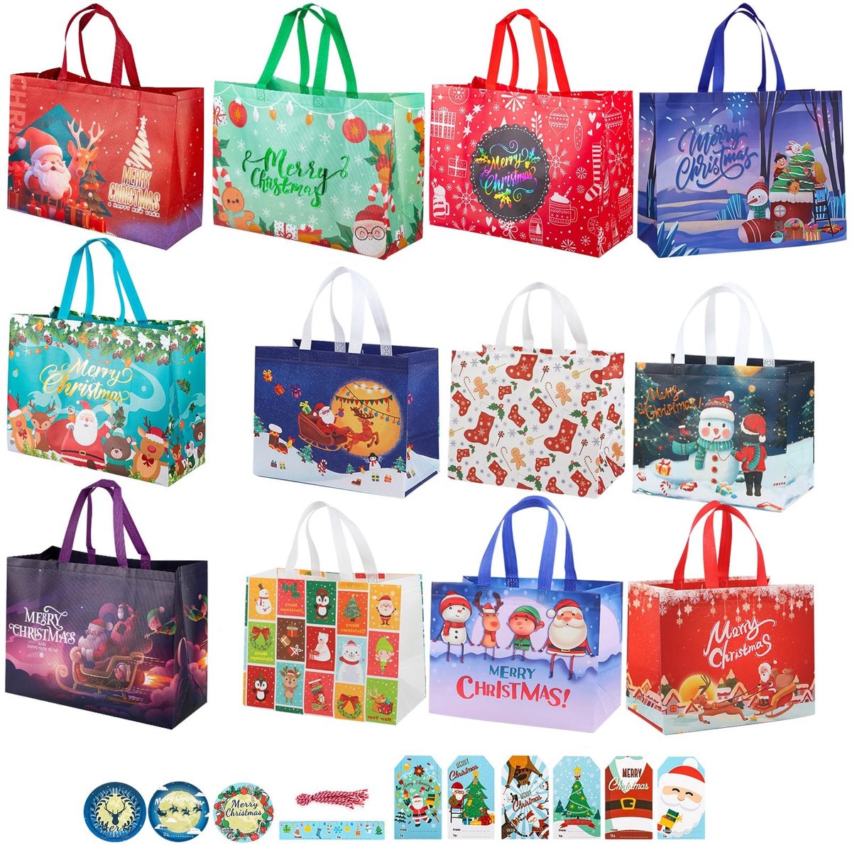 Dailygoods - 12 packs kersttassen, herbruikbare geschenkzakken met handvatten inclusief 6 grote 13 inch, 6 extra grote 17 inch waterdichte kersttraktatie boodschappentassen, kerstfeest gunstzakjes decoraties