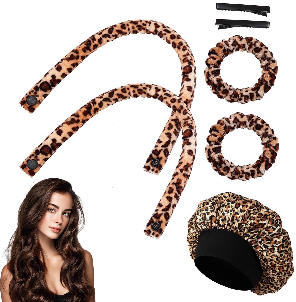 Dailygoods - 7-delige set voor krulspelden, zonder hitte, luipaardpatroon, set met krulspelden, elastiekjes, haarspelden en kap, voor natuurlijke golven tijdens het slapen