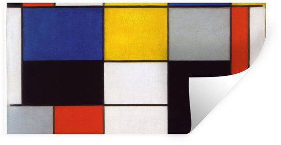 Autocollant avec composition Mondrian : bleu, jaune, rouge, noir et blanc dans des blocs géométriques.