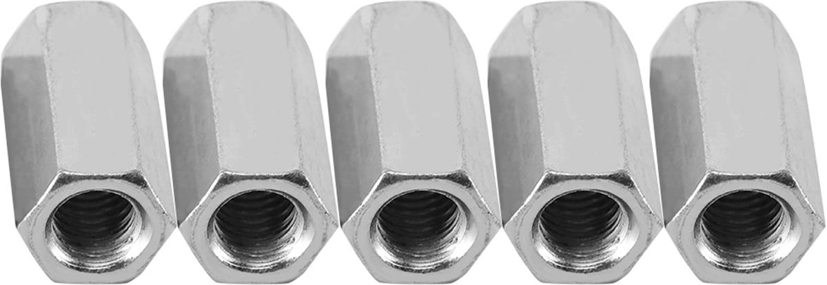 Dailygoods- Wielmoeren 5 Stuks - Lange Staafmoer - Zeskantmoer - Schroefdraadbevestigingen - Hoogwaardig Koolstofstaal - Corrosiebestendig - Moeren