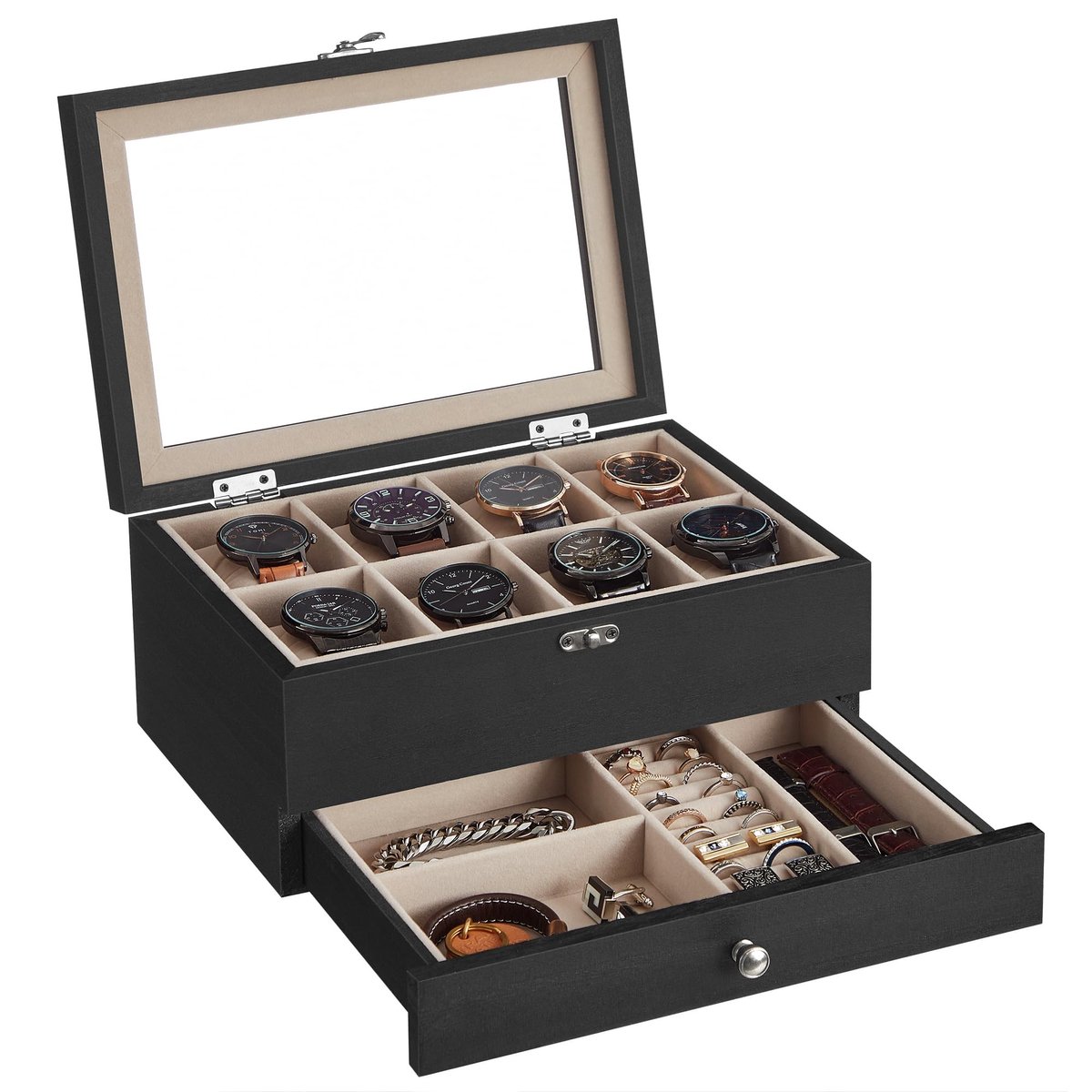 Dailygoods- Horlogebox massief hout - 8 vakken - glazen deksel - sieradendoos - horlogedoos - stijlvolle presentatie - Sieradenbox