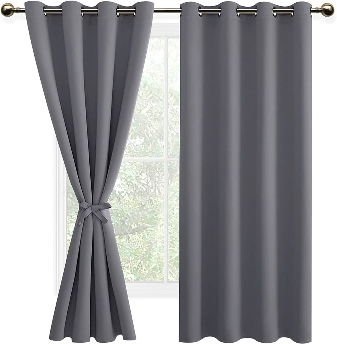 Set van 2 Gordijnen Verduisterend met Oogjes voor Slaapkamer, Deurgordijn Thermische Gordijnen met Ringen, Keuken, Kant en Klaar, 140x175 cm (B x H), Grijs
