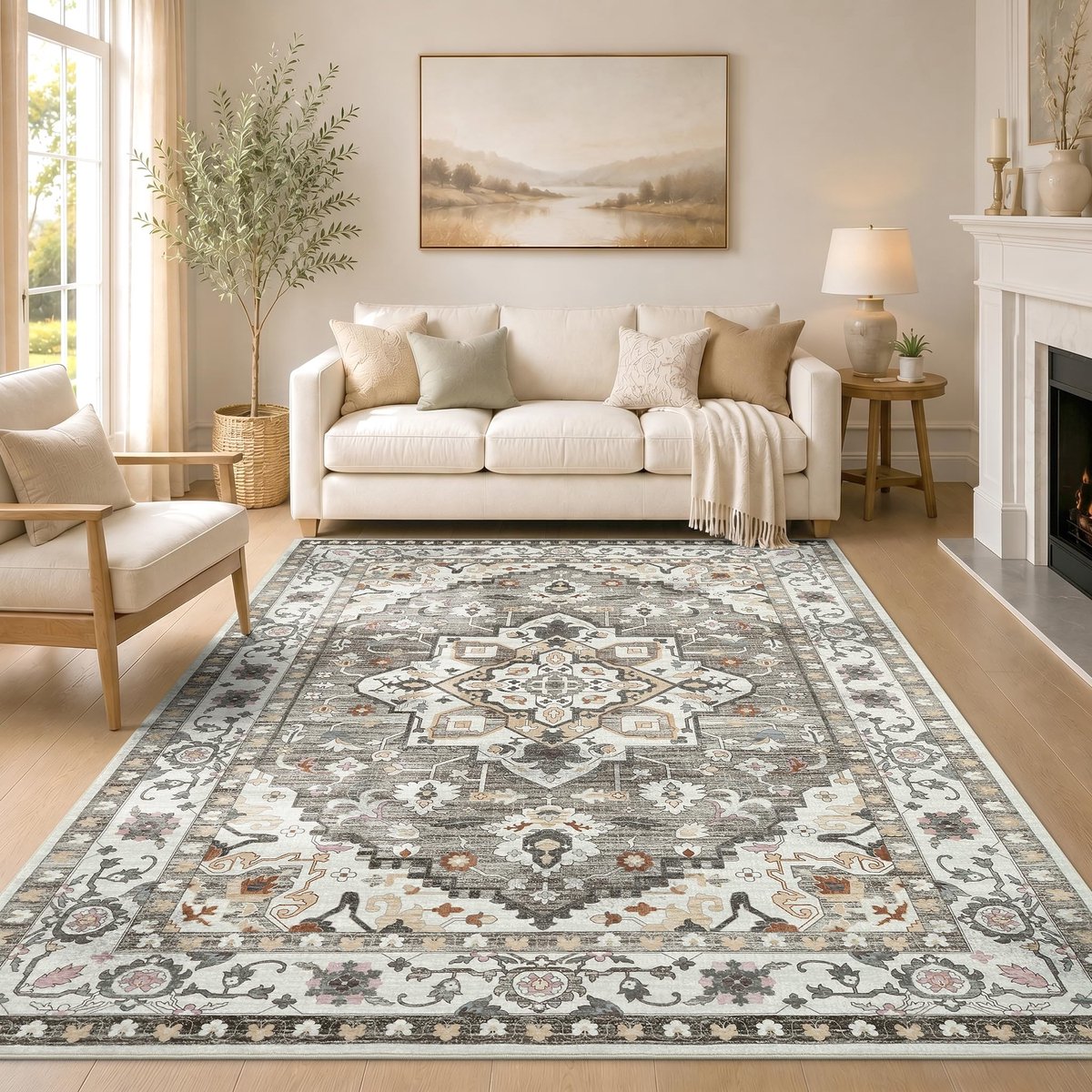 Vintage laagpolig tapijt, woonkamer, wasbaar, antislip, groot, boho, zacht tapijt voor slaapkamer, kinderkamer, keuken, 160 x 220 cm, accent, taupe