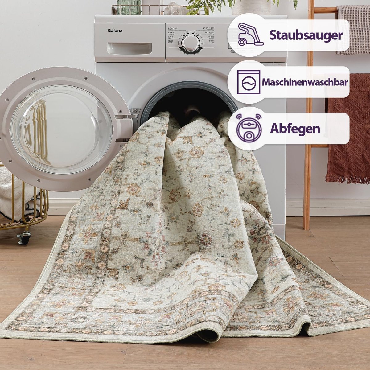 Florales Tapijt Woonkamer 244 x 305 cm, Anti-slip Zacht Vloerkleed, Korte Vacht Machinewasbaar Vloermat voor Slaapkamer, Eetkamer, Studeerkamer, Beige