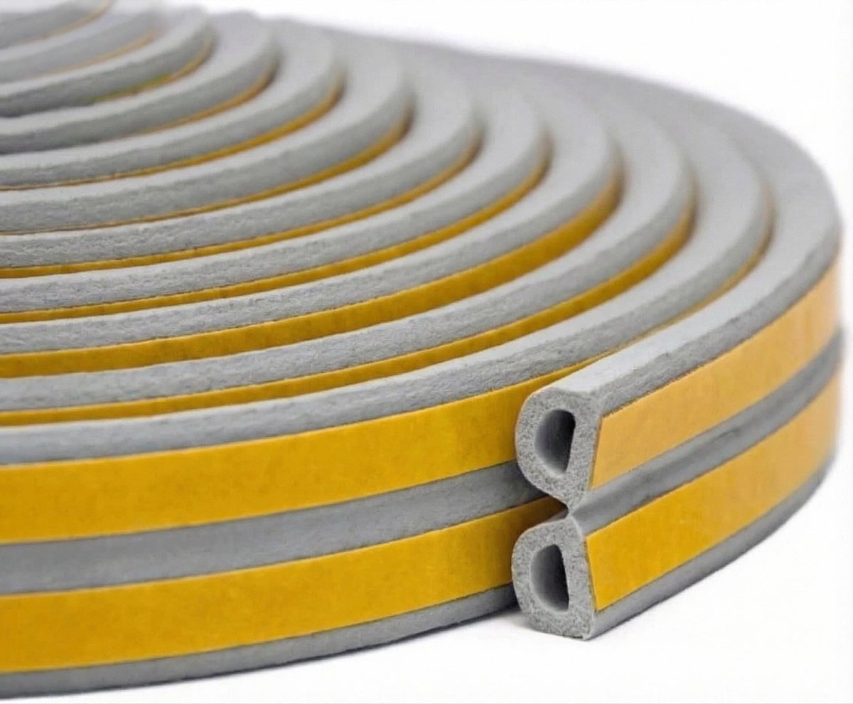 Tochtstrip voor deurraam, zelfklevende schuimafdichtstrip type D tegen koude tocht/geluiddicht/waterdicht/stofdicht, 3 m x 4 afdichtingen, totaal 12 m, grijs