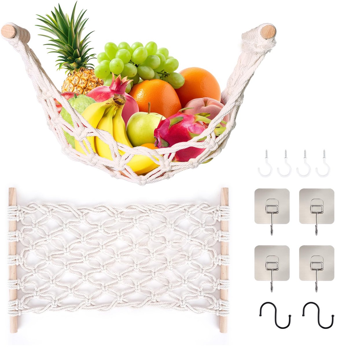 Hangende fruithangmatset, katoenen handgemaakte geweven gaas fruithouder met 4 stuks zelfklevende haken en 2 stuks S-haken, ruimtebesparende plantaardige opbergmand onder kast voor keuken