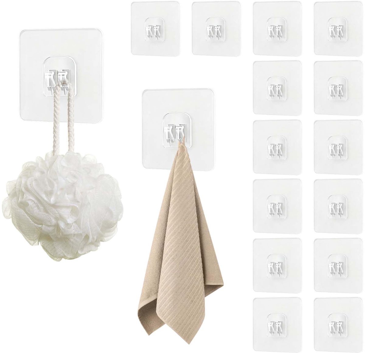haken voor aan de muur, 16 stuks, sterke kleefhaken, 5 kg, haken om op te hangen zonder boren, badkamerrekken, keuken- en kantoorkasten, pvc, transparant, waterdicht, 7 x 7 cm