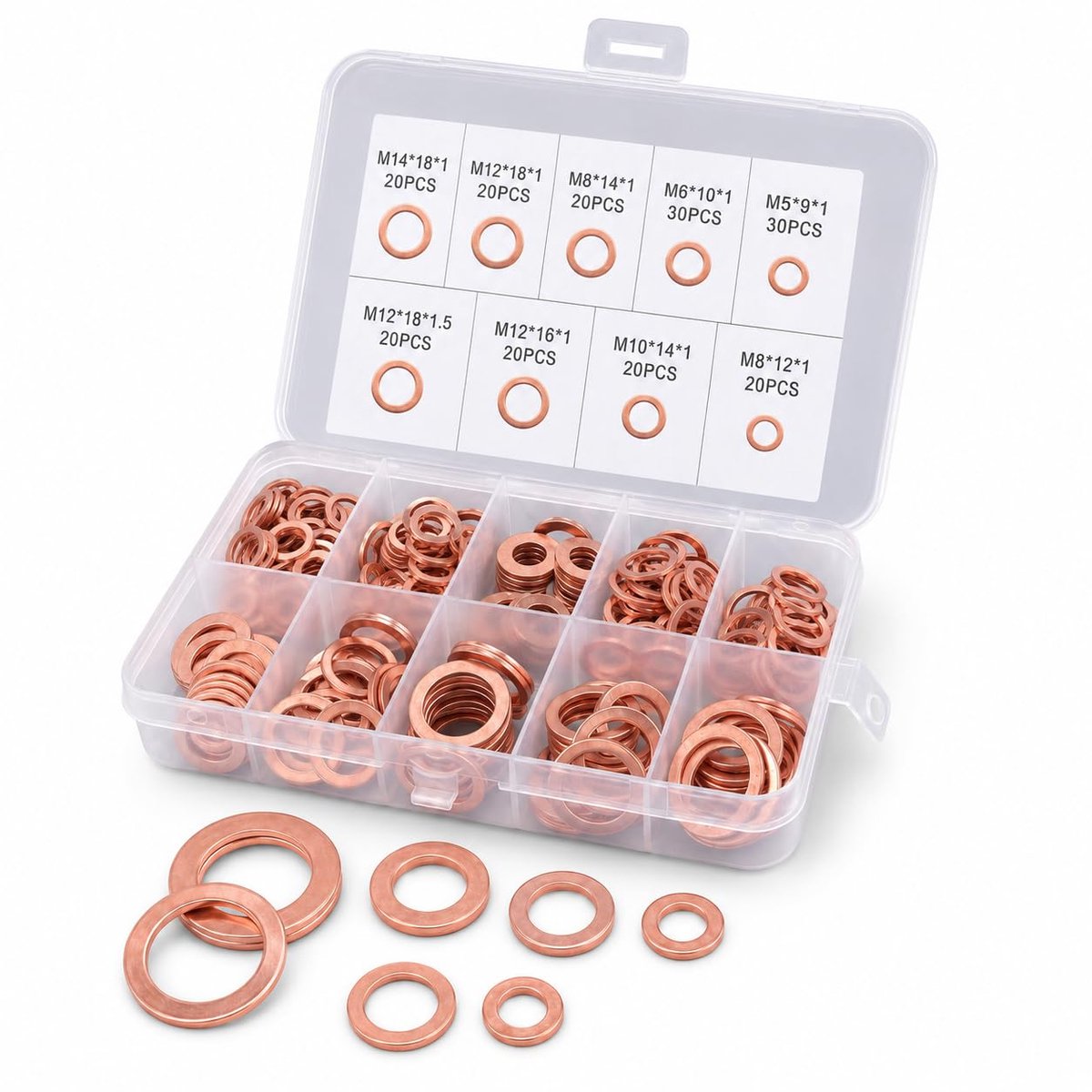 Ringen, assortiment, 9 maten, M5-M14, koperen afdichtringen, sluitringen, metalen set, olieaftapproep, dic harding, aansluitringen, O-ring voor schroeven en bouten