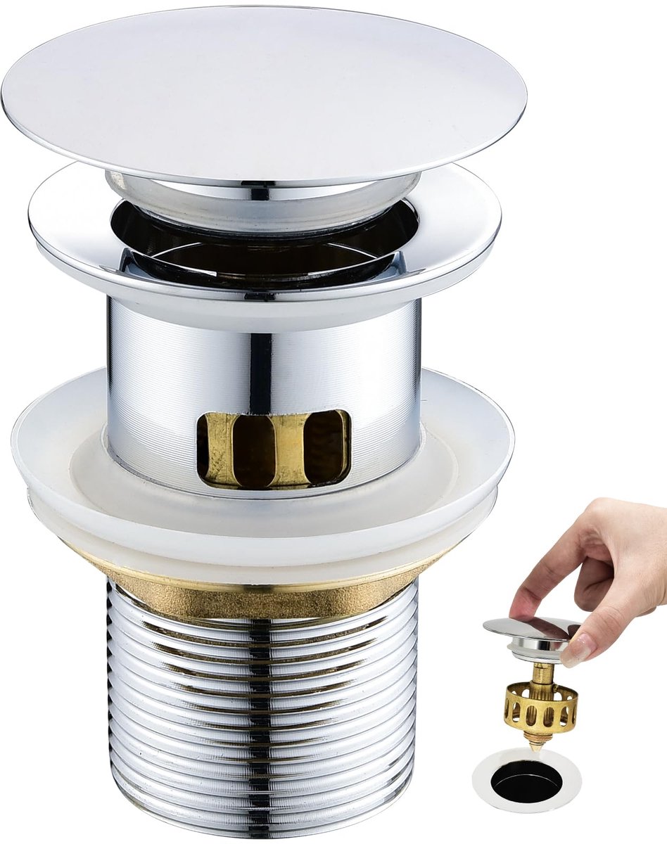 Overloop, pop-up ventiel afvoergarnituur, universeel 1 1/4 inch afvoerventiel voor wastafel en wastafel alle soorten, incl. 3 afdichtingen, chroom, messing
