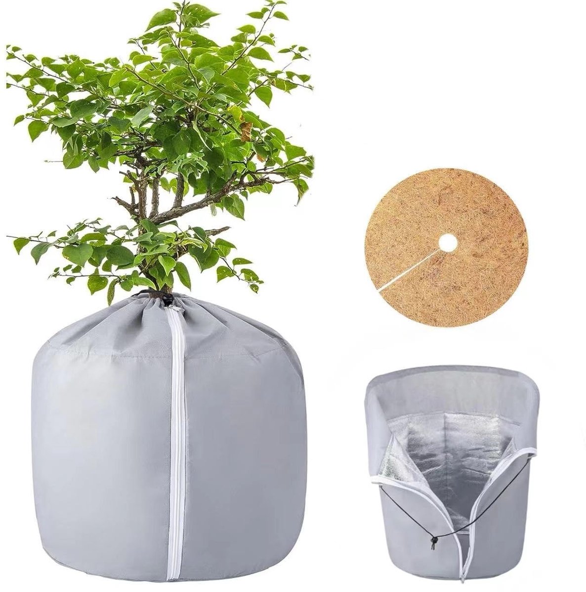 Dailygoods - Vorstbeschermzak voor potplanten, 50 x 45 cm, met schijf van kokosvilt, diameter 43 cm, thermische bescherming voor bloempotten, met trekkoord en ritssluiting, winterbescherming voor plantenpot (grijs