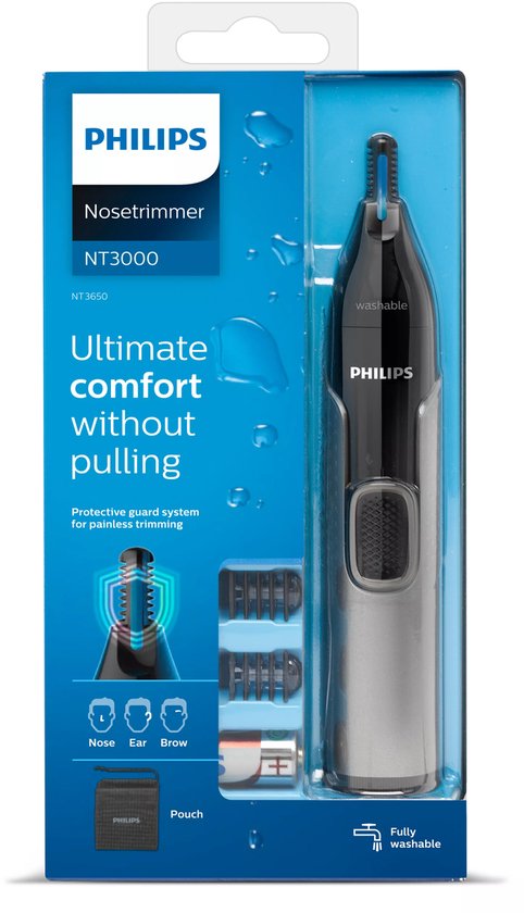 Doos Philips neustrimmer NT3000, met afbeelding van trimmer, accessoires en tekst 'Ultimate comfort without pulling'.