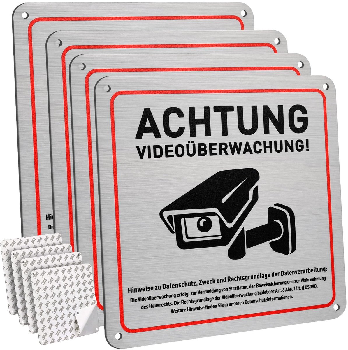 Dailygoods - 4 stuks videobewakingsbord, videobewaking van privé-eigendom, 15 x 15 cm aluminium privé-object onder videobewaking, met voorgeboorde sticker