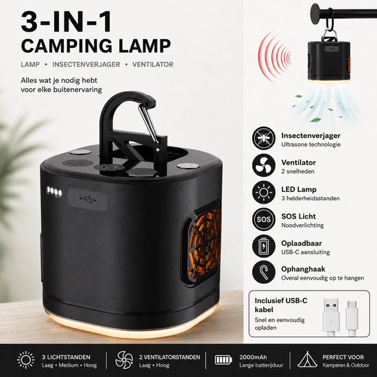 Torngat TentLight Pro LED Campinglamp – USB-C Oplaadbare Tentlamp & Noodlamp met Ventilator, SOS Licht & Powerbank – Ultrasone Outdoor Hanglamp tegen Insecten voor Camping, Tent, Caravan, Auto, Tuin & Stroomuitval – 1200mAh – Zwart — afbeelding 2