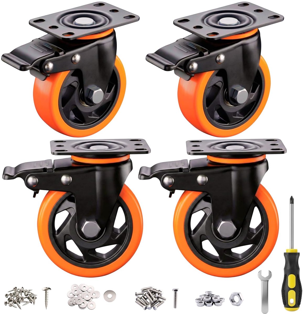 4 stuks zware wielen 75 mm met remmen, 360° rotatie, incl. montagetoebehoren, zwenkwielen en transportwielen van PU (zwart/oranje) voor meubeltransport en industrievervoer, vloerbescherming
