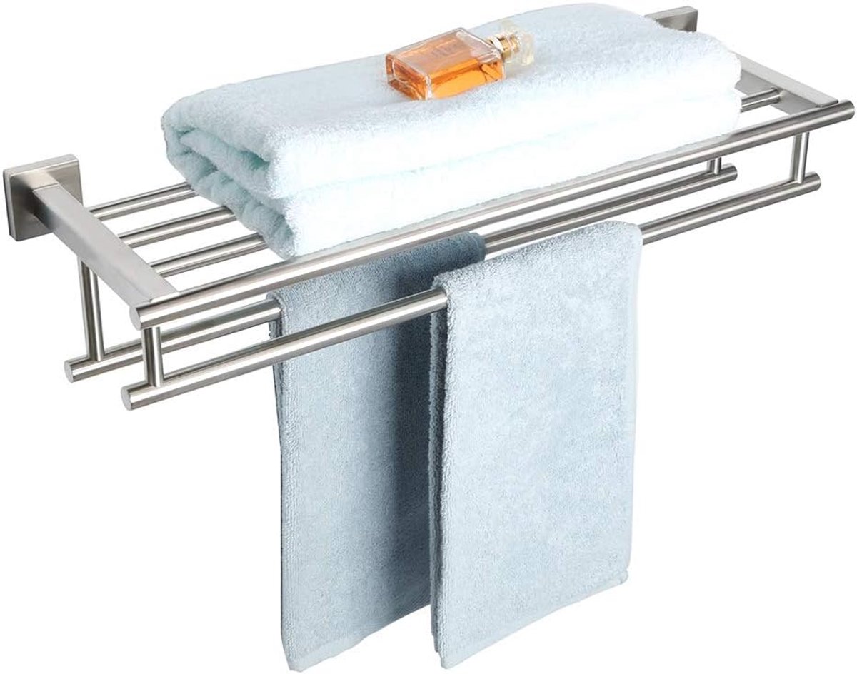 Handdoekenrek Wandmontage 60CM Dubbele Handdoekplank voor Badkamer Handdoekhouder van SUS304 Roestvrij Stalen Handdoekstang Geborsteld, EGZ8000-LS