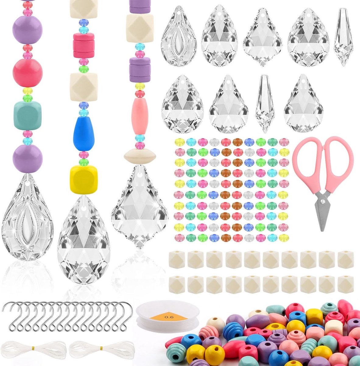 12 stuks knutselset, zonnevanger, kristal, 38 mm, doe-het-zelf zonnevanger, knutselen, compleet met alle accessoires, transparante kristallen om op te hangen, voor ramen, huis, tuin, windspel