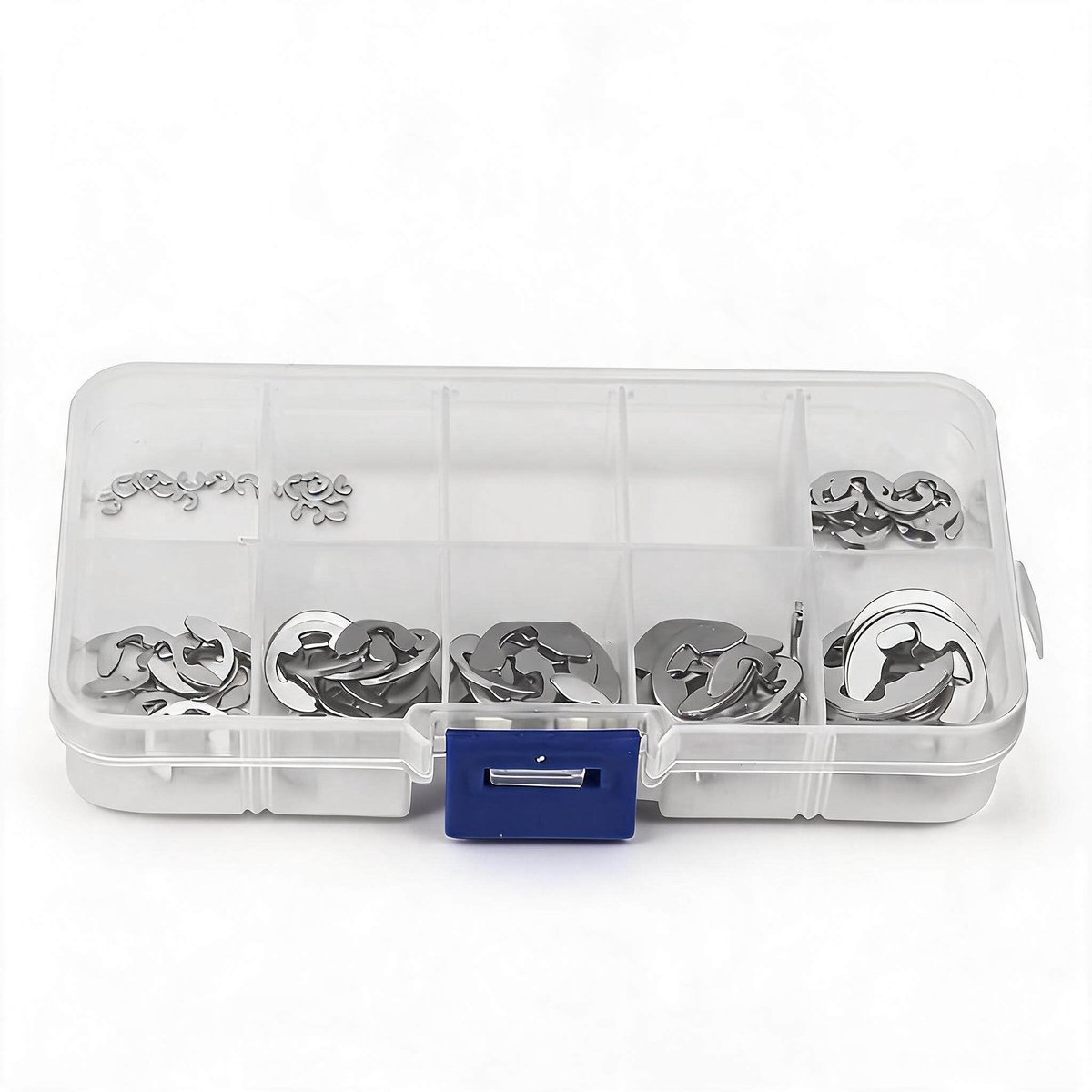 plastic doos, 120 stuks 304 roestvrij staal E-clip borgring borgring kit 1.5mm-10mm E-clip borgring opening interne externe borgring assortiment kit