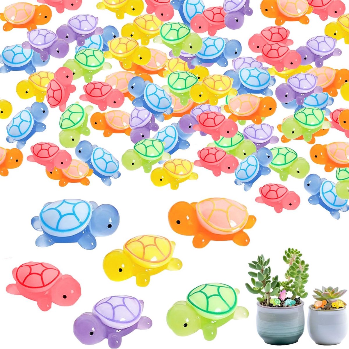 60 stuks mini lichtgevende schildpaddenhars, miniatuur schildpad, 2,3 cm kleine schildpadden, 6 kleuren doe-het-zelf schildpad minifiguren, voor tuin miniatuur landschap, aquarium, poppenhuis
