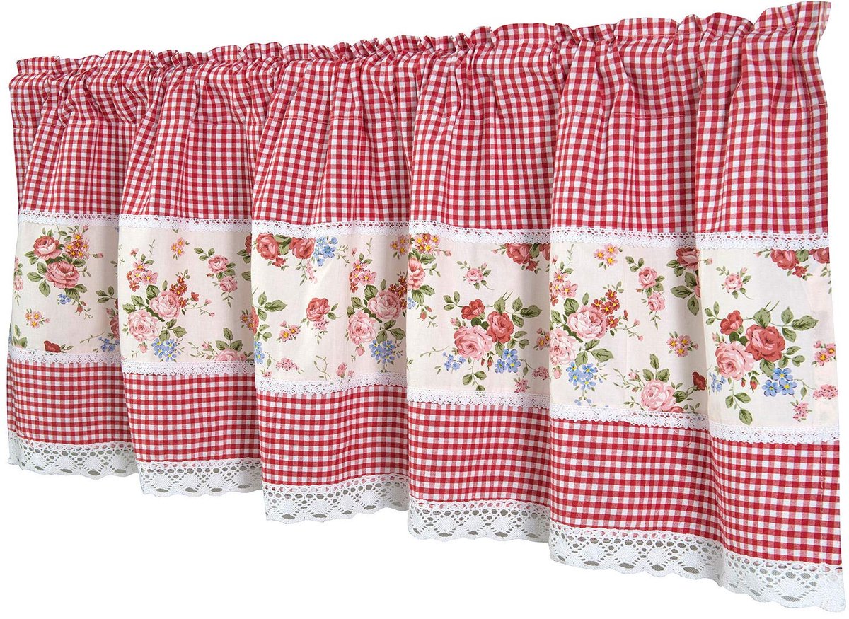 Vitragegordijn, bistrogordijn, landhuis, kort, keuken, modern, blickdicht, kortstores, gordijnen, kortgordijnen, keukengordijn, stangendoortrek met bloemen, kant, 150 cm breed, karikatuur