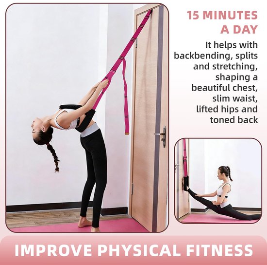Yoga-riem, verstelbaar, elastische yogaband, om aan de deur te hangen, voor kaak-, achterwaartse rotaties, splitsen en beenstrekken, verbetert de flexibiliteit, grijs — afbeelding 3