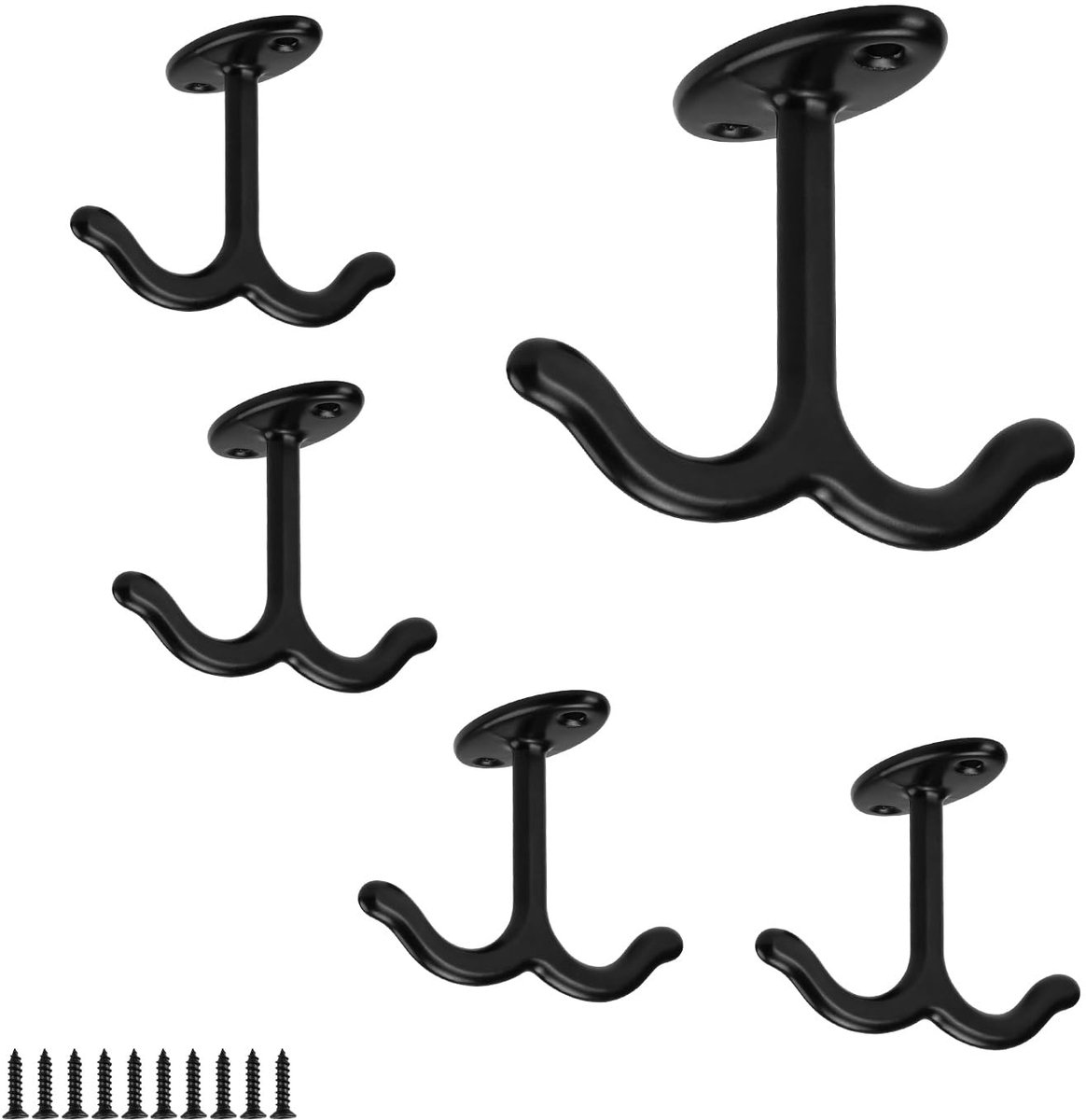 5 stuks wandhaken, wandhaken, heavy duty, deurhaken inschroeven, zinklegering haken om op te hangen, zwart, met 10 schroeven, voor het ophangen van handdoeken, jassen, tassen