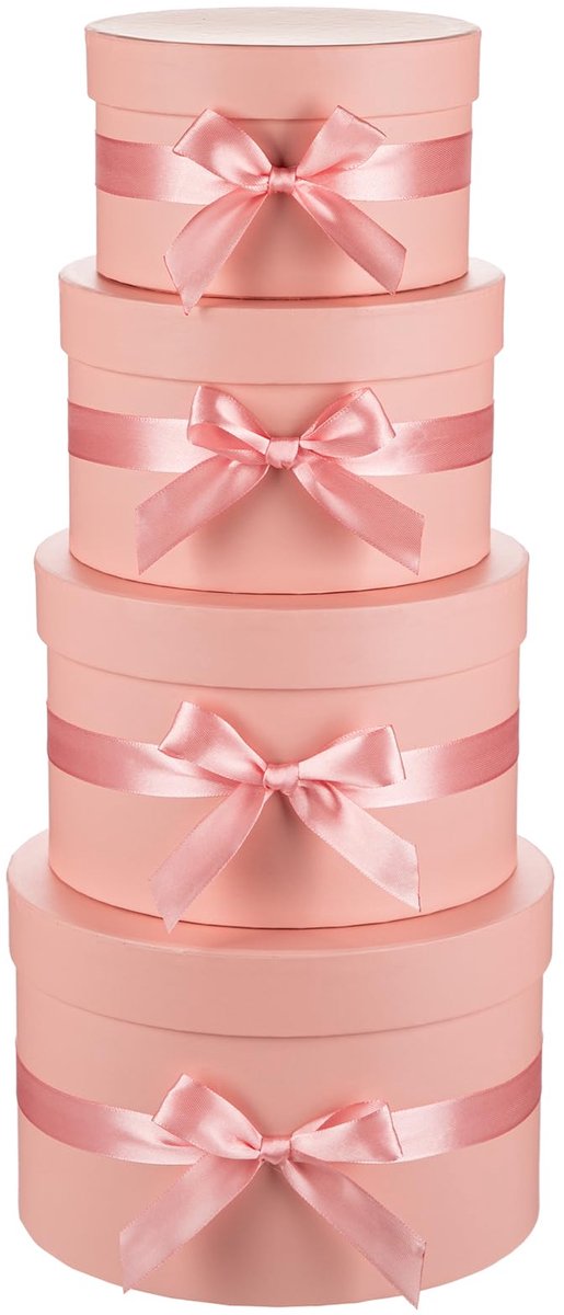 Roze geschenkdozen met deksels en strik, set van 4 ronde geschenkdozen voor geschenken, luxe hoedendoos, papieren bloemendoos voor bruiloft, verjaardag, Valentijnsdag, bruidsmeisje, kerstfeest