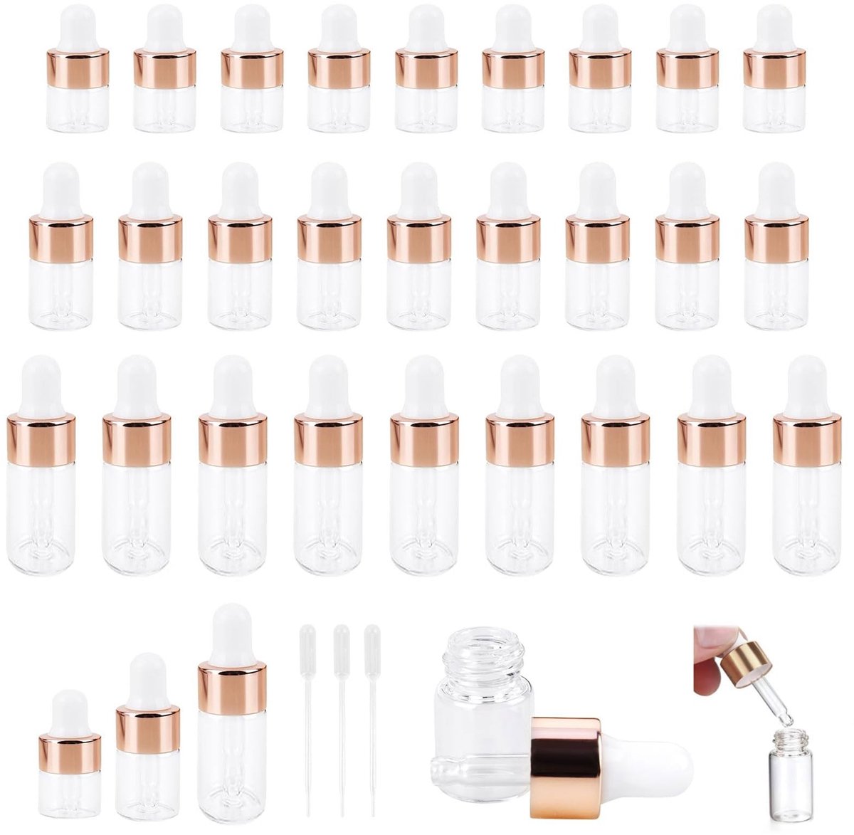 Dailygoods- Pipettefles 30 Stuks - Druppelflesje met Pipet - Mini Druppelflesjes 1/3/5 ml - Roestvrij Staal - Hoogwaardige Glas - Waterdicht en Duurzaam - Druppelfles