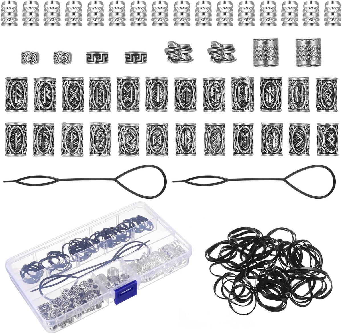 Kralen om te Klemmen, Viking Baardkralen en Haarkralen om te Klemmen, Baardsieraden Kralen voor Dreadlocks Vlechten, Versiering Mannen, Inclusief 50 Zwarte Elastiekjes & 2 Rijghulpen & 1