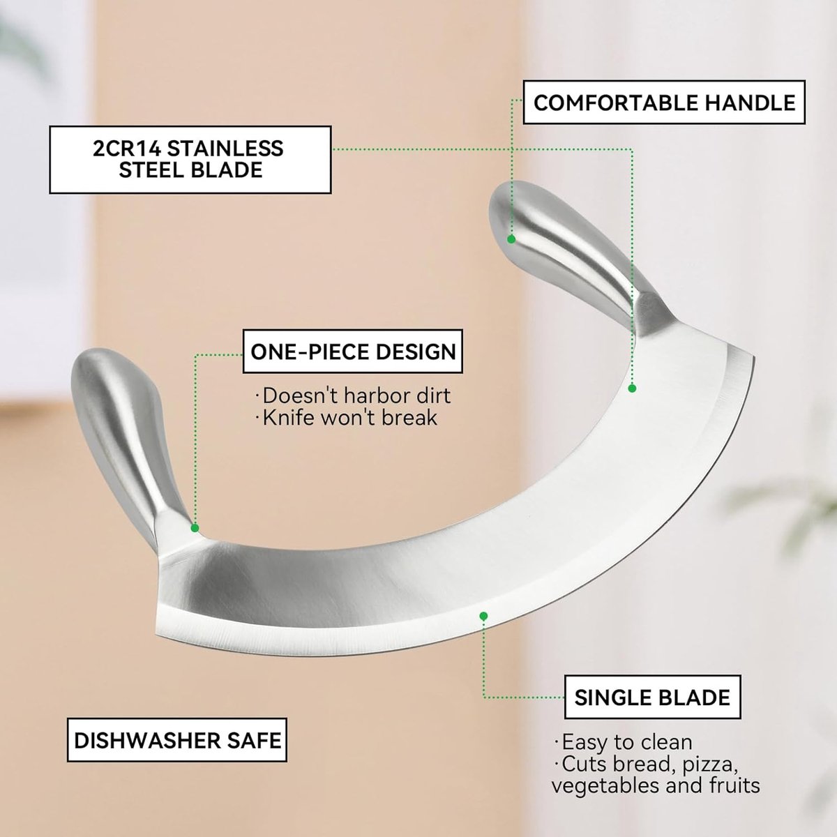 roestvrij staal Wiegemesser Single Edge, 22 cm Pizzasnijder Efficiënt hakken van kruiden, brood, salade, noten - Ergonomische greep, vaatwasmachinebestendig, roestvrij, naadloos