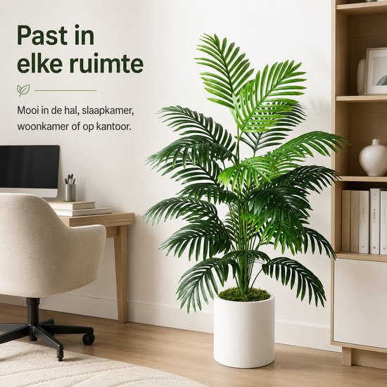 Groene kunstpalm van 120 cm in een witte pot, geplaatst in een modern kantoorinterieur.