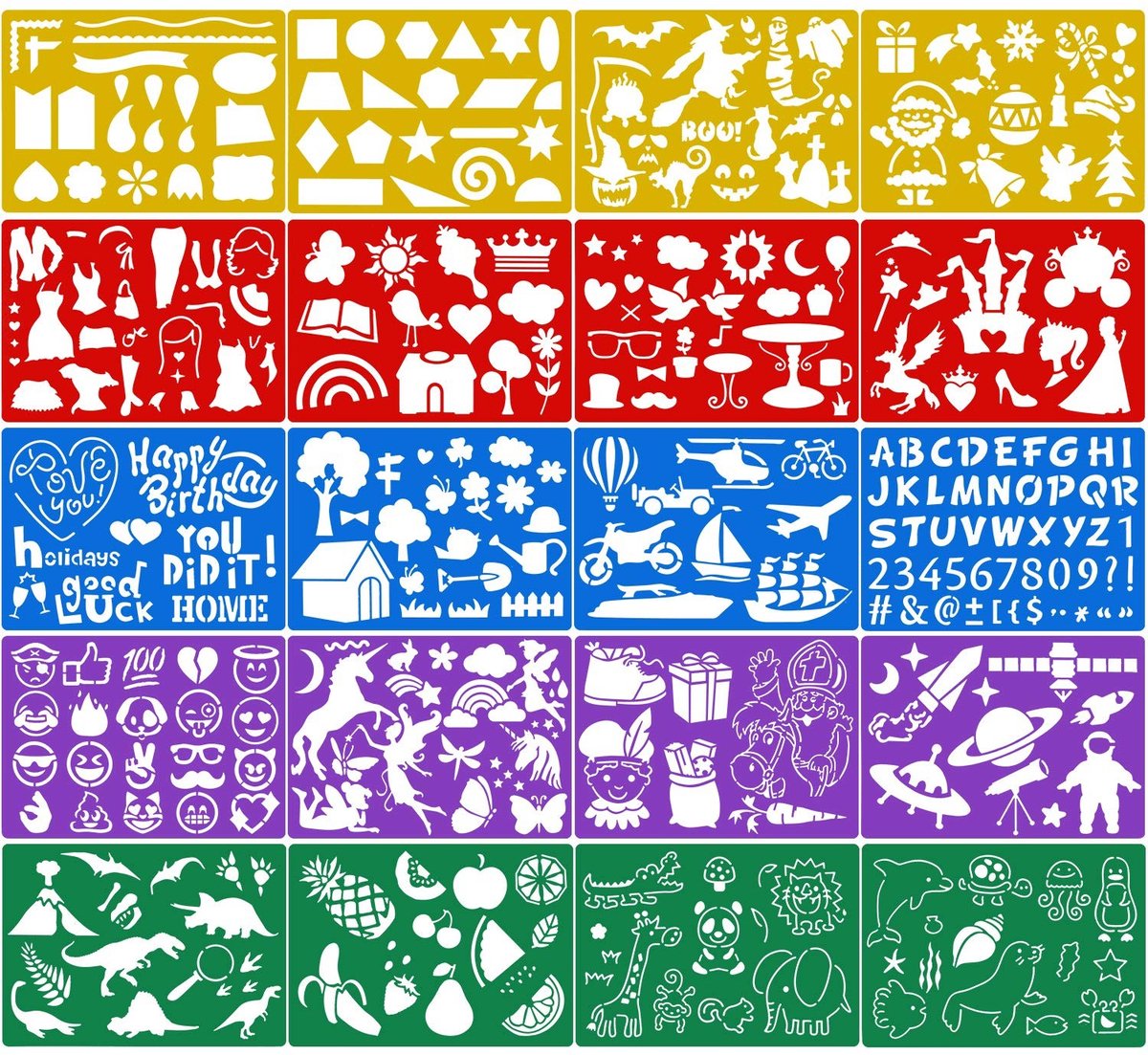 Dailygoods- Kleurtekensjablonen 20 stuks - Kunststof - 21x15 cm - Verjaardag/Halloween/Kerstmis - Dinosaurus/Thema's - Leuk voor knutselactiviteiten - Schildersjablonen