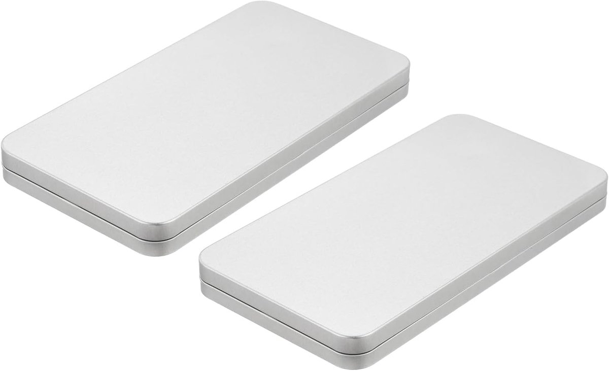 Metalen opbergdozen, 2 stuks, 16,7 x 3,5 x 0,6 inch, zilveren mini-blikjes met leeg scharnier, rechthoekig, draagbaar, met deksel voor cadeaupapier, snoep
