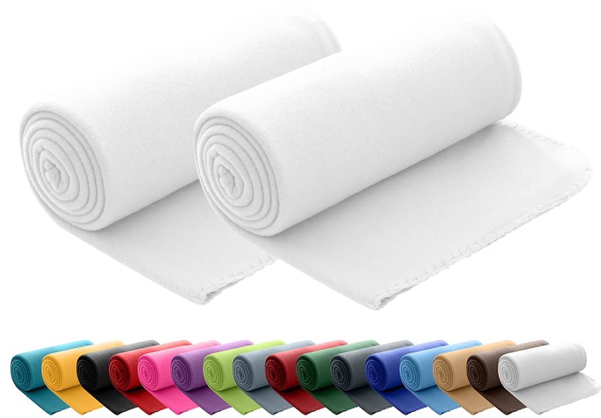 wometo Set van 2 Polar-fleecedekens, ÖkoTex, 130 x 160 cm, ca. 400 g, met anti-pluisstiksel aan de rand, wit
