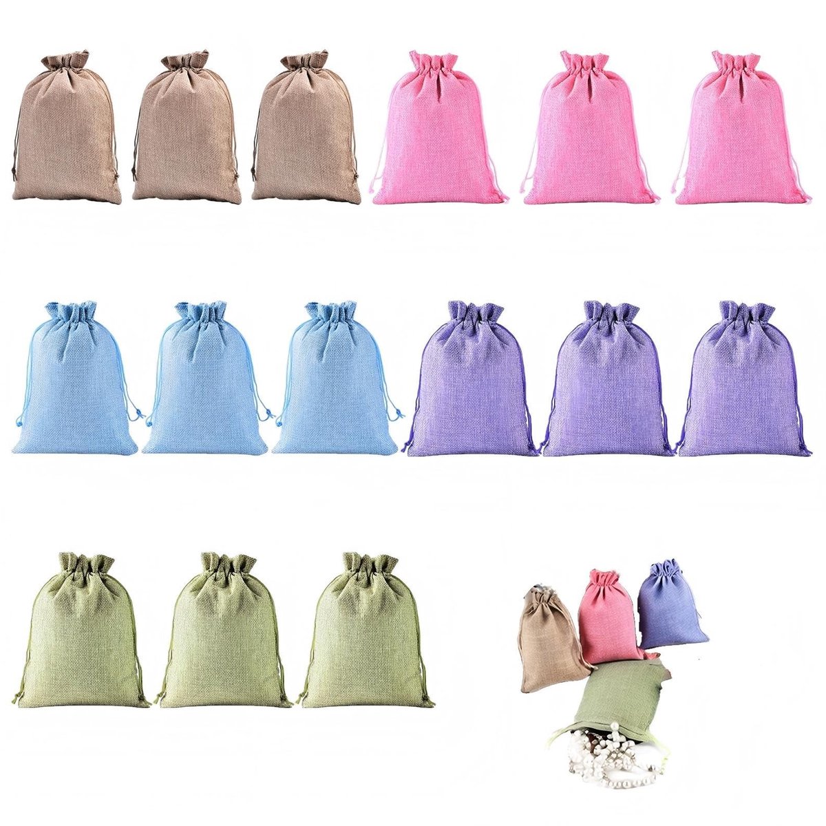 Dailygoods- Jute Tassen Set van 15 - Herbruikbare Cadeautassen - 10 x 14 cm - Trekknoord - Milieuvriendelijk - Duurzaam Materiaal