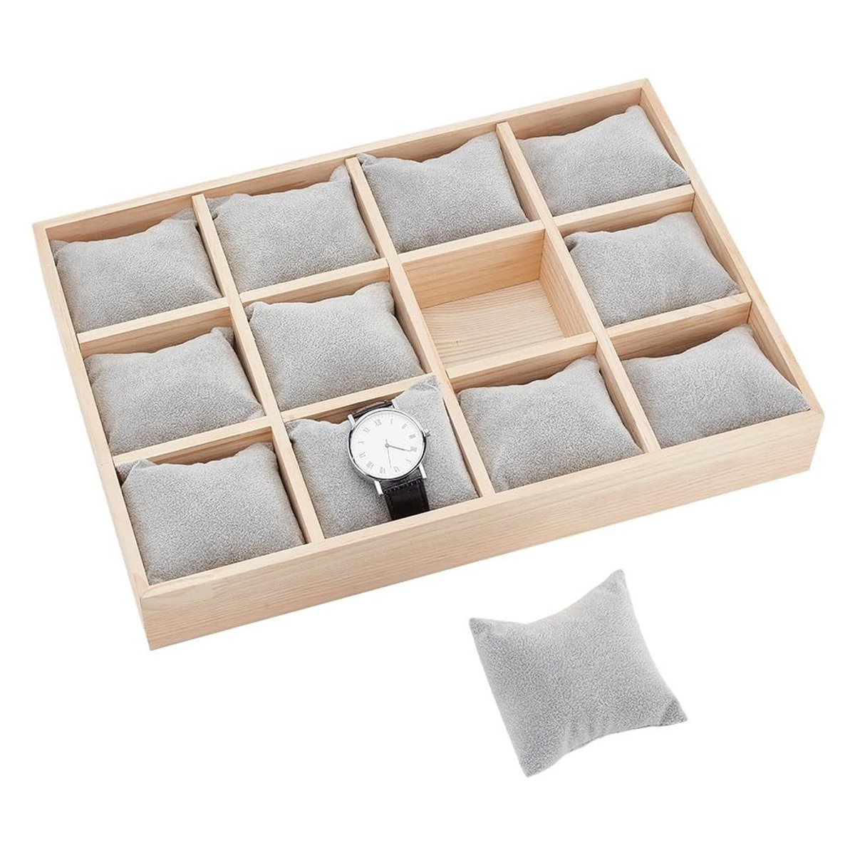 Dailygoods- Horloge-organizer met 12 sleuven - Houten houder - Verwijderbare fluwelen kussens - Stapelbare sieradenarmband - Opberglade voor lade - Afmetingen 35,1x24,1x5 cm - Sieradenorganizer