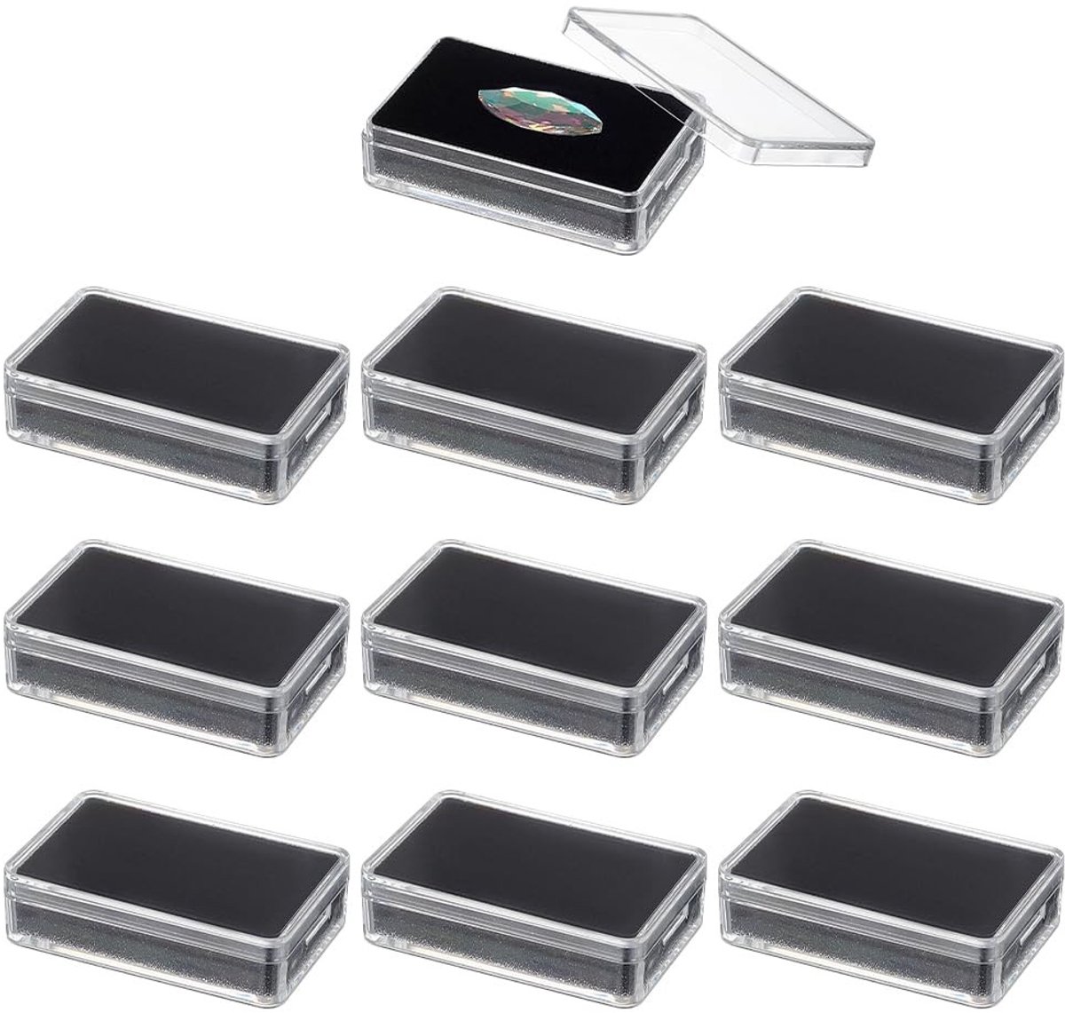 Dailygoods- Sieradendoos 12 stuks - Rechthoekige Plastic Dozen - Edelsteen/Accessoires Display - Zwart met Spons - 5,7x3,7x1,5 cm - Duurzaam Materiaal - Opbergdozen