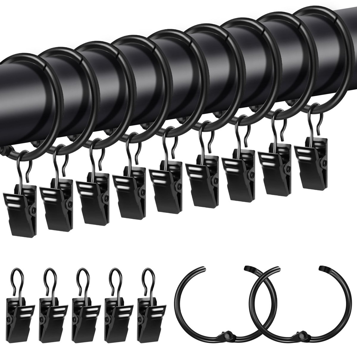 Dailygoods- Gordijnringen Metalen - 20 Stuks - 32 mm Binnendiameter - Gordijnhaken - Douchegordijnringen - Zwart - Elegant Design - Gordijnhaak