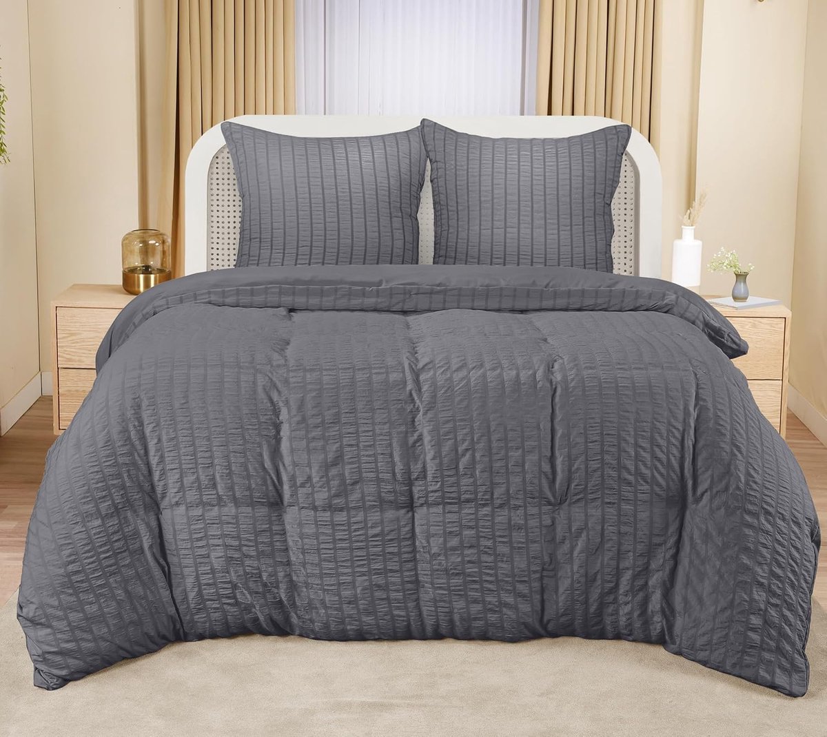 Bedding Seersucker Dekbedovertrekset - Microvezel Polyester Dekbedovertrek 200x200 cm + 2 Kussenslopen 80x80 cm - Grijs