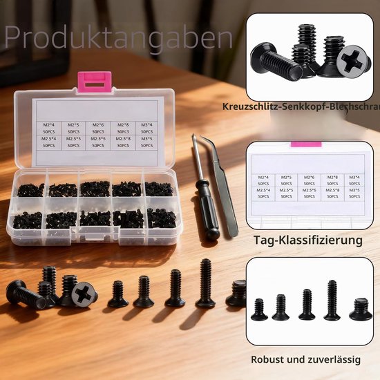 500 stuks M2/M2,5/M3 kruiskopschroeven voor laptop, zwarte pc schroevenset met kruiskopschroevendraaier en pincet, geschikt voor Dell, HP, Lenovo, Apple MacBook, Asus, Samsung — afbeelding 5