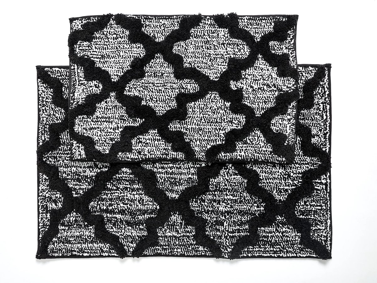 Badmat Set van 2, 100% Micropolyester stapel, Zwart, Quatrefoil-50x80 & 40x60 cm