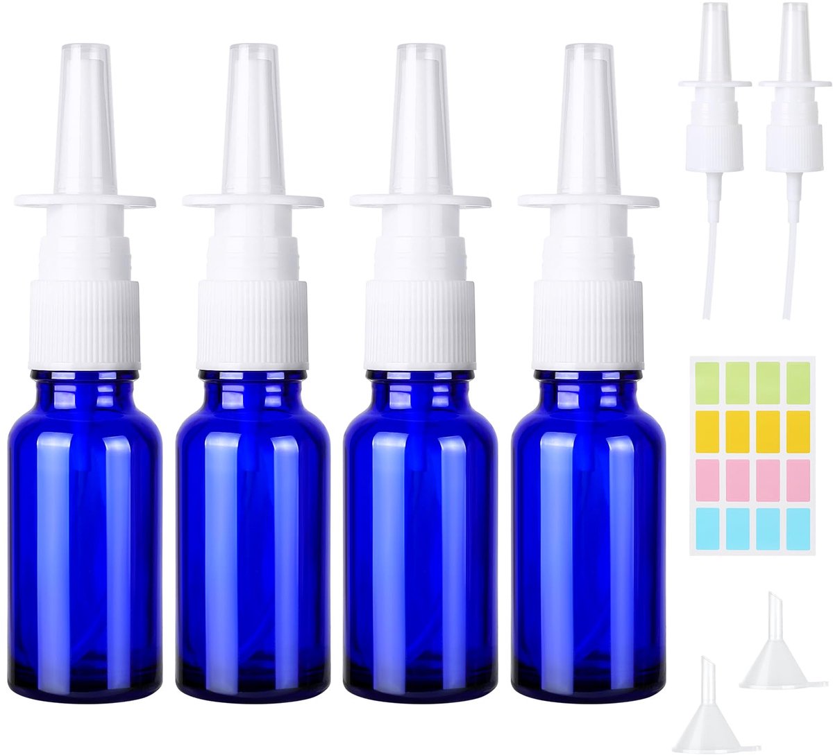 4 stuks blauw Neuspuit, 10 ml glazen neussprayfles, leeg herbruikbare neussprayfles, verstuiver met blanco etiketten, spuitmonden, trechter, voor parfum, etherische oliën, zoutoplossing