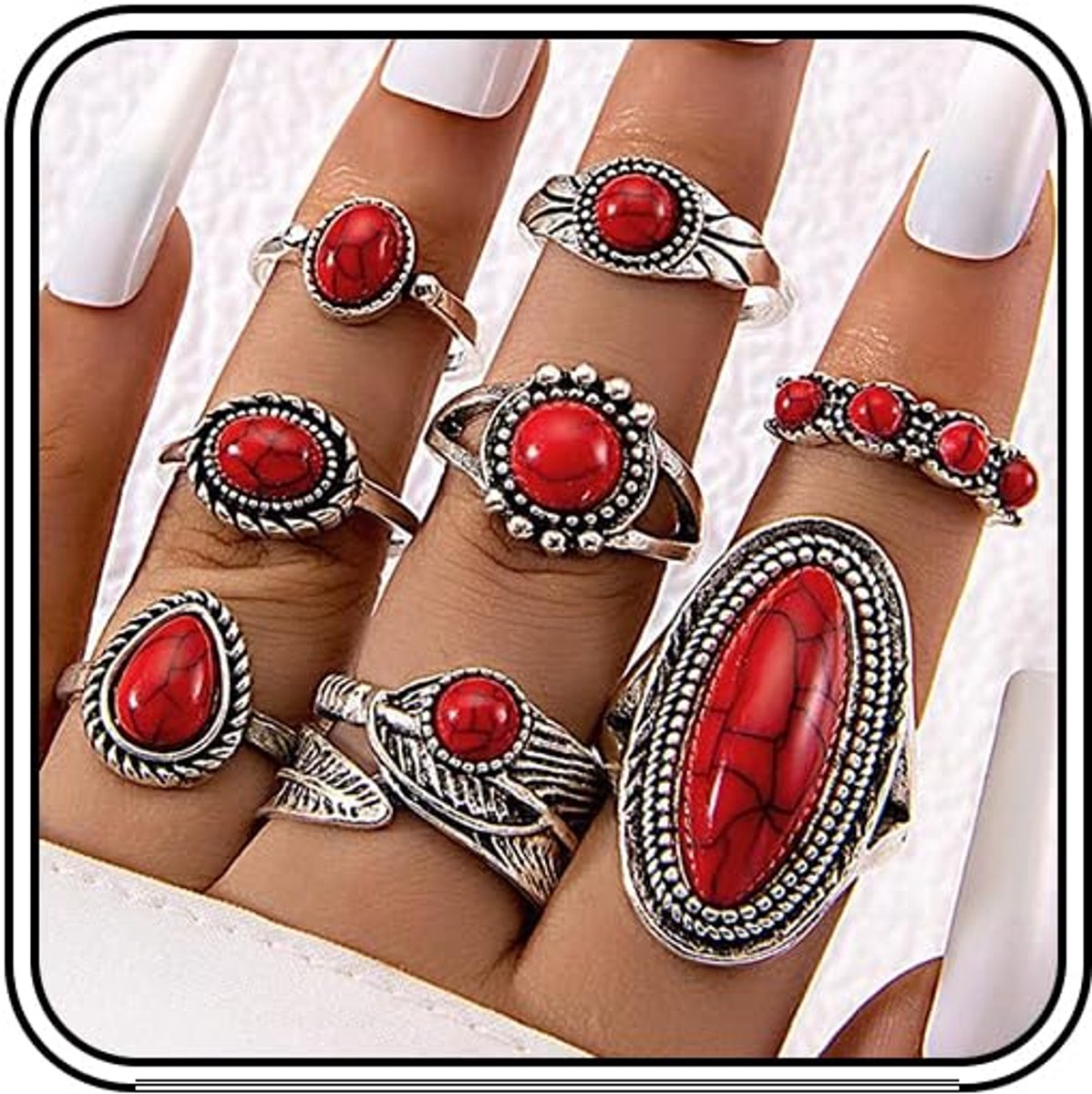 Westerse Turquoise Ringen Set Dames, Vintage Boho Sieraden Vrouwen, Western Cowboy Cowgirl Accessoires, Bohemian Stijl voor Country Concert Outfits Look (Rood)