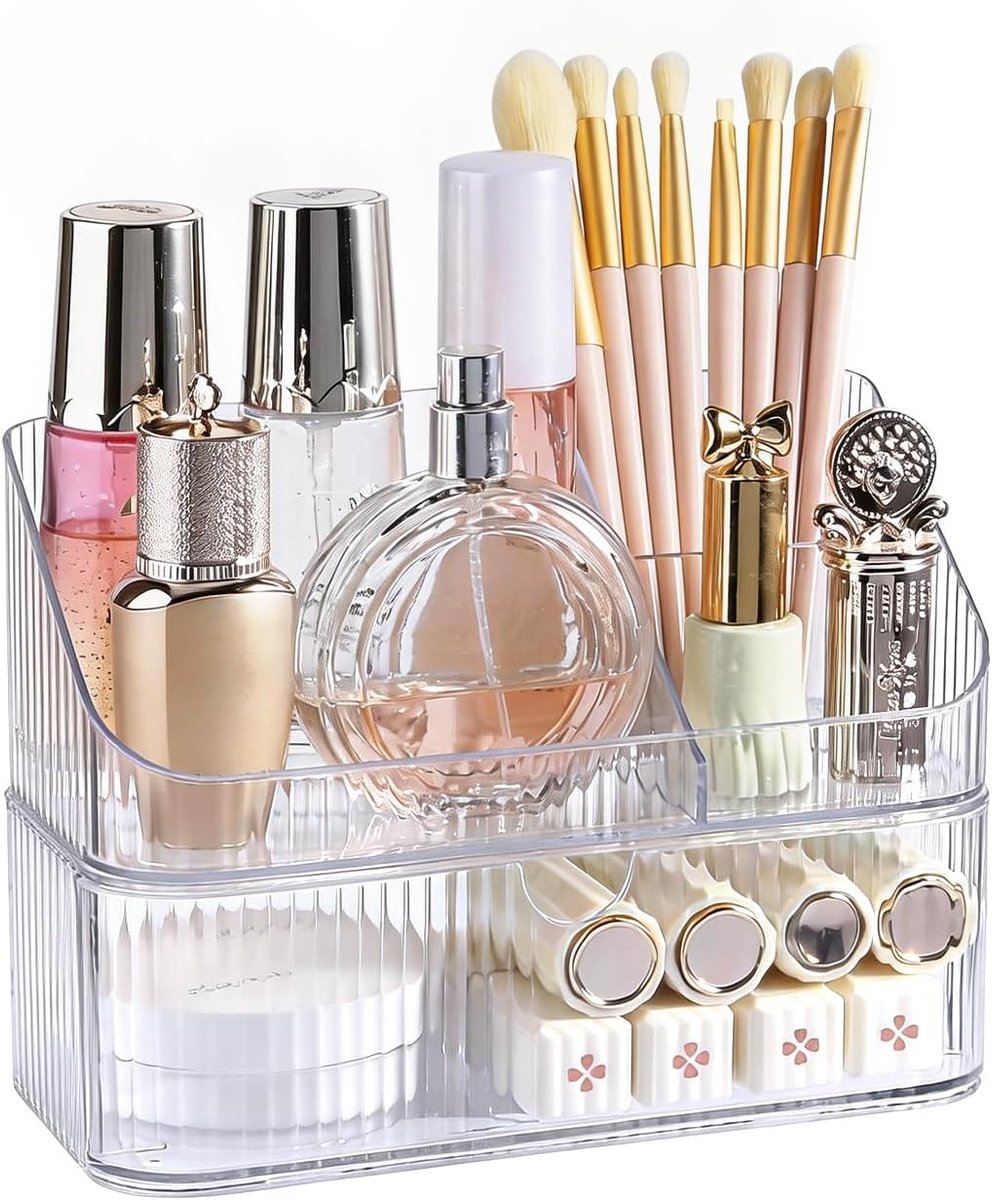 Make-up organizer met laden, stapelbare cosmetica organizer voor huidverzorging, lippenstiften en make-upborstels, acryl make-upopslag voor badkamer en aanrecht