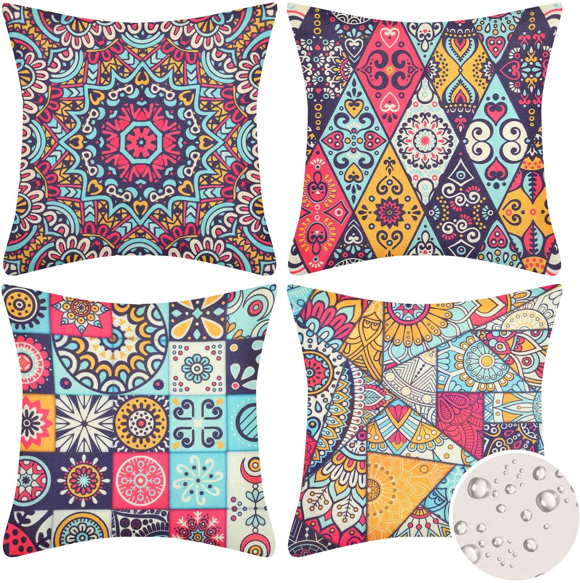Set van 4 decoratieve vierkante kussenhoezen, hippie-stijl, kussenslopen, waterbestendig, voor bank, bed, stoel, tent, balkon, bank, slaapkamer, woonkamer, 40 x 40 cm, mandala-patroon