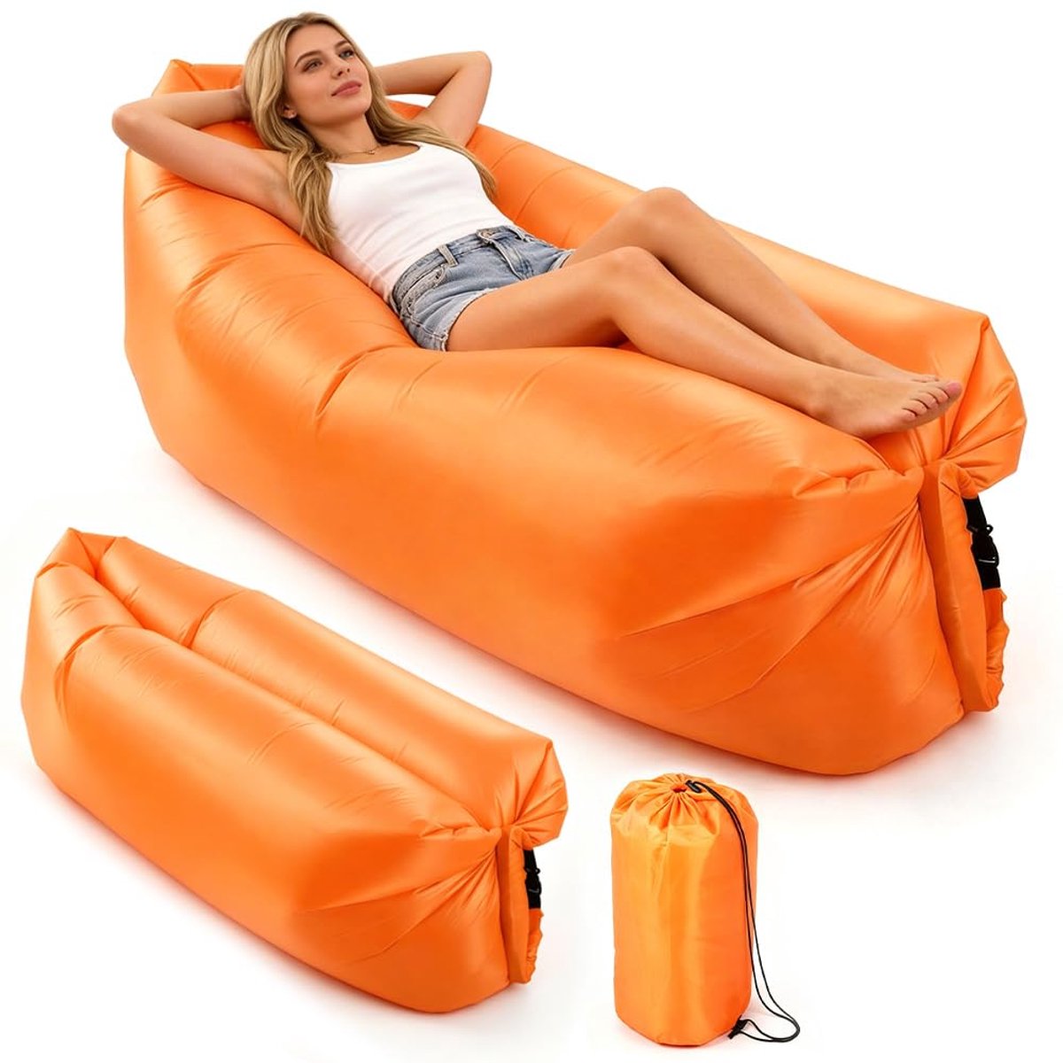 Opblaasbare sofa, 235 x 72 cm, draagbare luchtbank met comfortabel kussen, waterdichte luchtbank en ligstoel, ideaal voor kamperen, vakantie, wandelen, zwembad, strandfeesten, outdoor, vrije