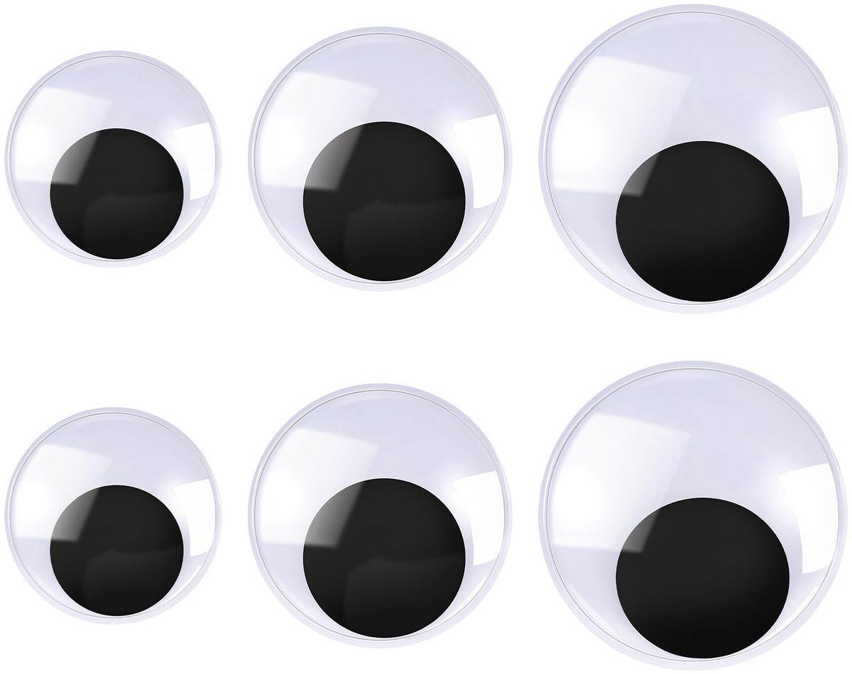 wiebelogen, zelfklevend, groot, 6 stuks, 100/80/50 mm, ronde kunststof wiebelogen, zelfklevende 3D-oogstickers voor decoratie, scrapbooking, doe-het-zelf handwerk (zwart + wit)