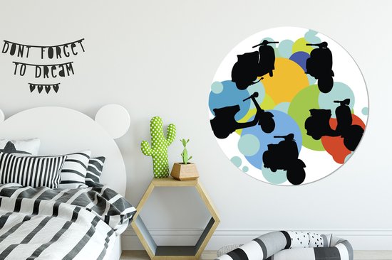 Illustration avec silhouettes d'un Vespa Wall cercle aluminium ⌀ 120 cm - tirage photo sur cercle mural / cercle vivant / cercle jardin (décoration murale) XXL / Groot format!