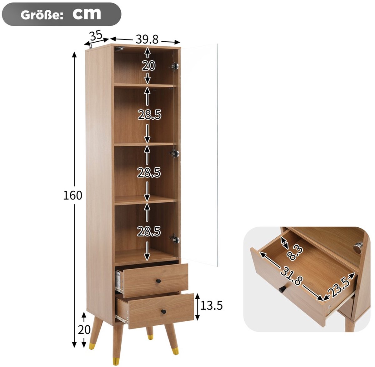 KOMHTOM Vitrinekast - Glazen Deur - Push-to-Open - Verstelbare Planken - 2 Lades - Hoog - Woonkamer Badkamer Kantoor - Natuurtimberlook - Staande Kast - Opbergkast - Modern