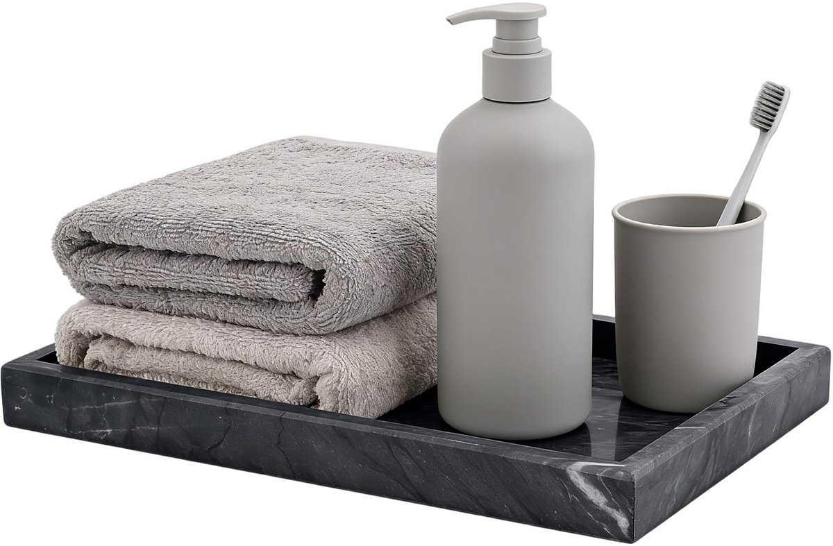 Dienblad grijs, rechthoekig, 30 x 20 x 3 cm, groot cosmeticadienblad marmer, decoratief marmeren dienblad van natuurlijk marmer voor badkamer, kaarsen, met antislipvoetjes