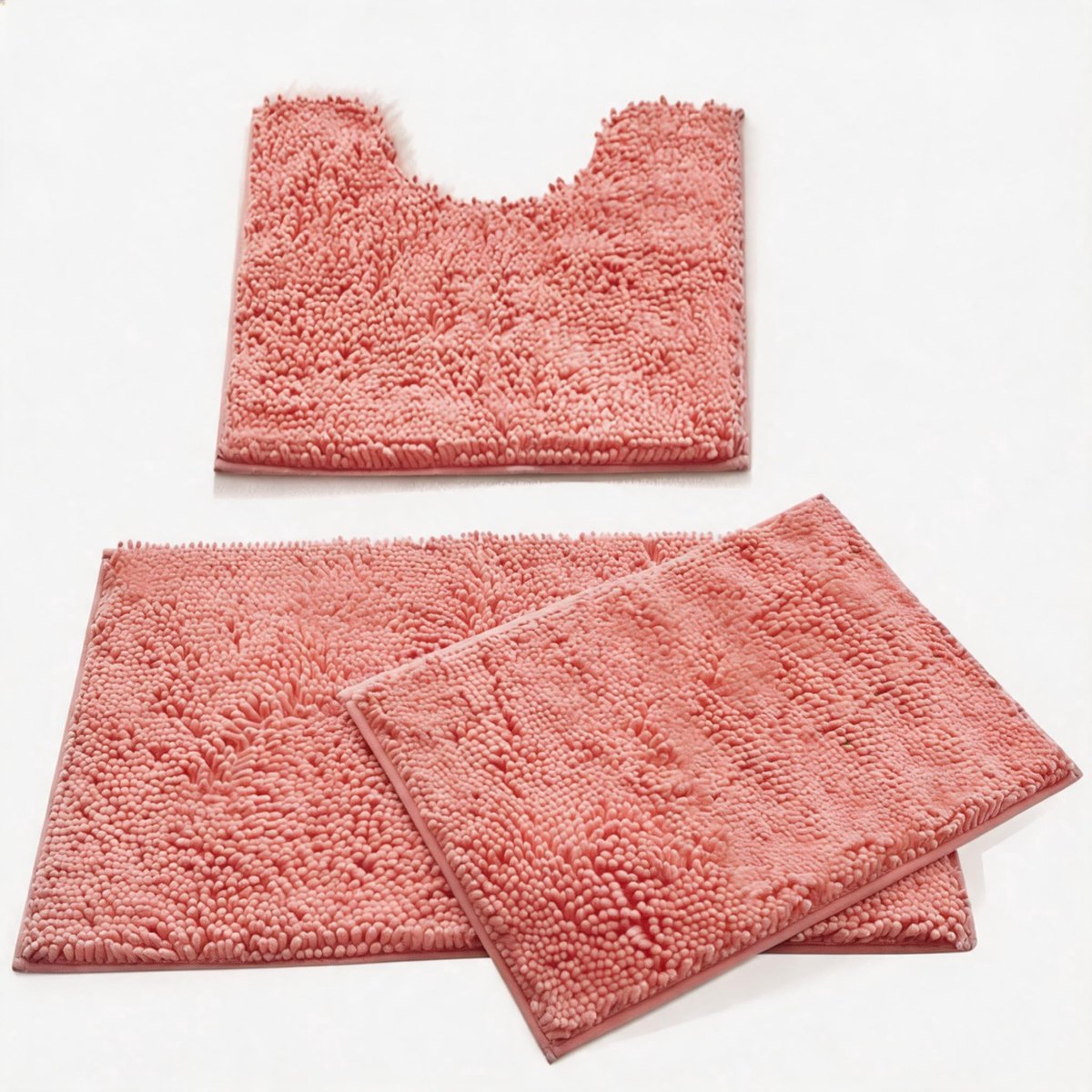 Chenille Badkamerteppich Set 3-delig, Ultra-zacht Badmat & U-vormige wc-mat, Antislip Badkamer Set Wasbaar voor Badkamer, WC, Woonkamer, Slaapkamer, Roze